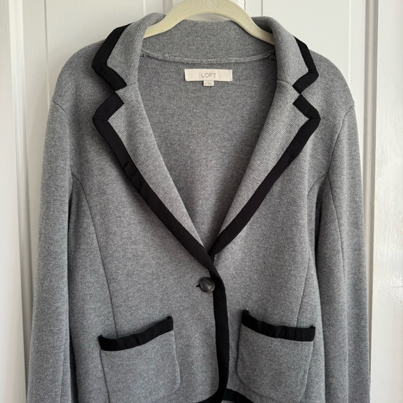 LOFT gray cotton tipped cardigan sweater with blazer look, heather gray & black - Picture 7 of 13